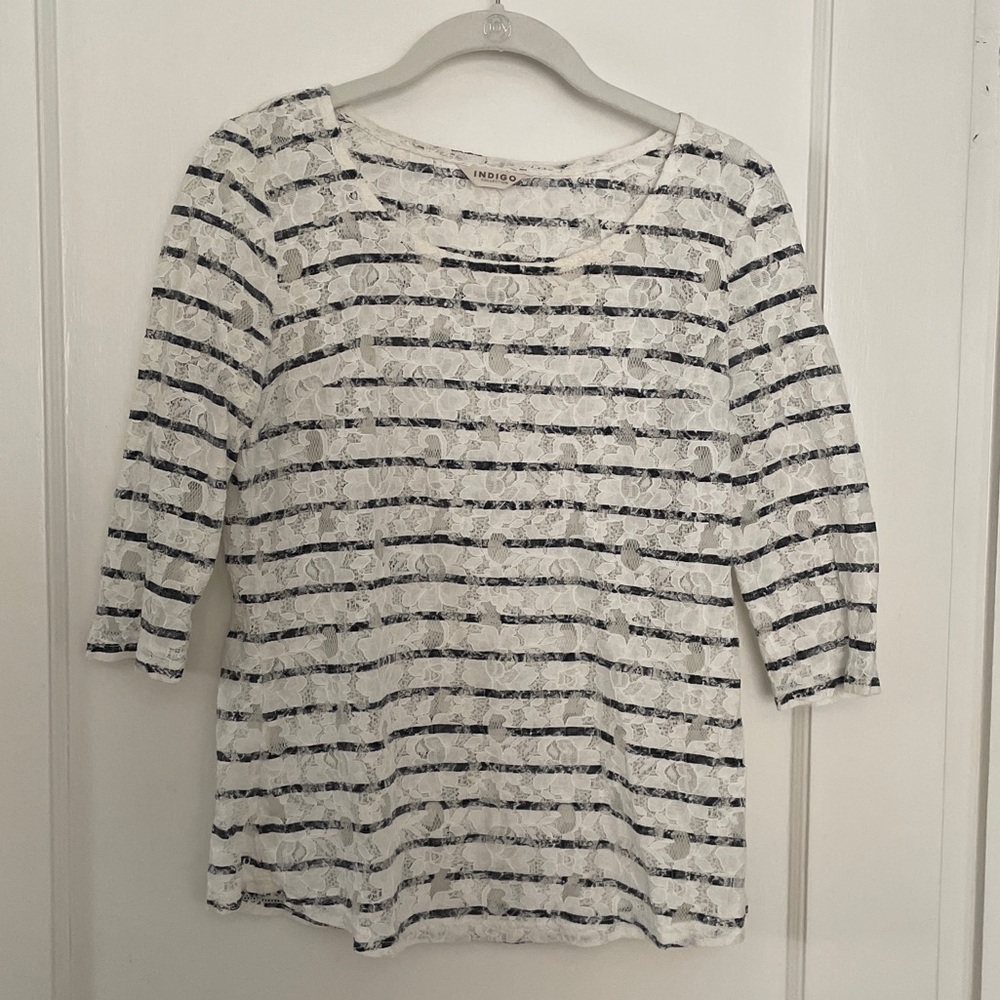 Marks & Spencer Striped White and Navy Lace Top US 2 (UK 6)